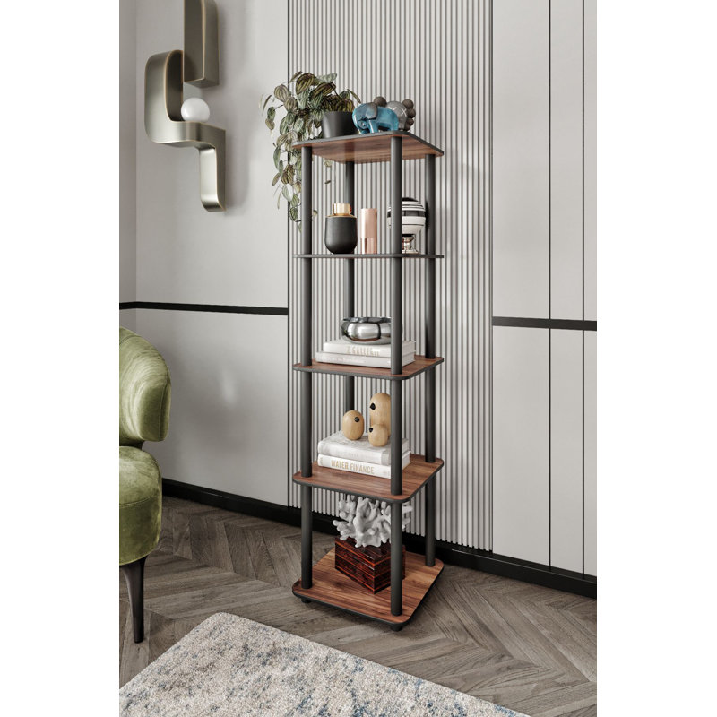 Bibliothèque moderne en noyer de 55,1 po x 55,1 po x 13,4 po | Fabrication 100% bois aggloméré avec pieds en kraft comprimé | Design industriel élégant, parfait pour le rangement et la présentation de la maison ou du bureau, finition durable et élégante