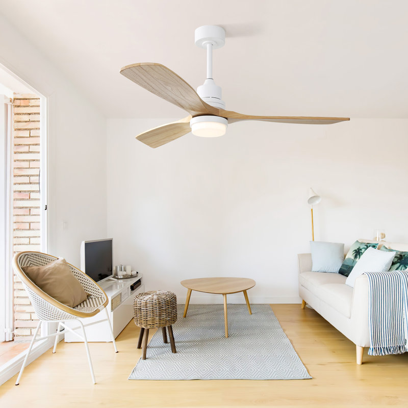 52 Inch Ceiling Fan With Dimmable Led Light 6 Speed Remote 3 Wood Blade Reversible DC Motor For Bedroom, White, Natural Wood