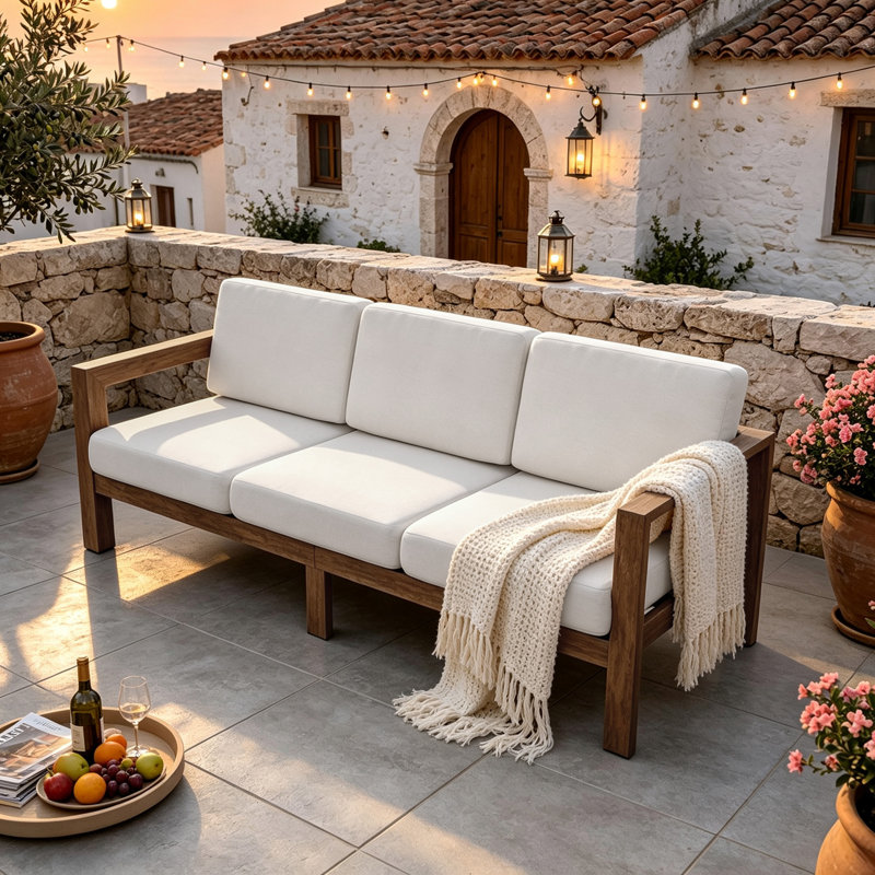 Outdoor Solid Wood Patio Sofa, BEIGE