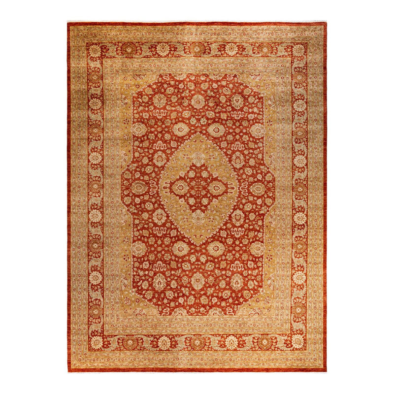Tapis rouge noué à la main Zyana, unique en son genre