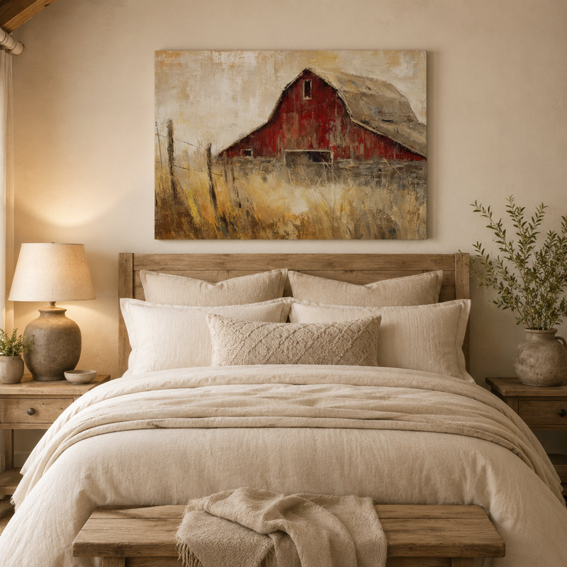 «Barnside Memory - Rustic Meadow Landscape», art mural sur toile tendue, H 32 po x l 48 po x P 1,5 po