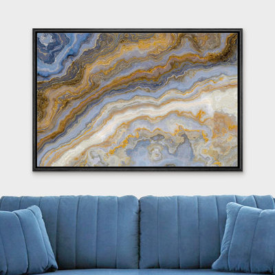 Marble Agate Slice " Gold Blue White Crystal Gemstone Landscape Close Up Wall Art "