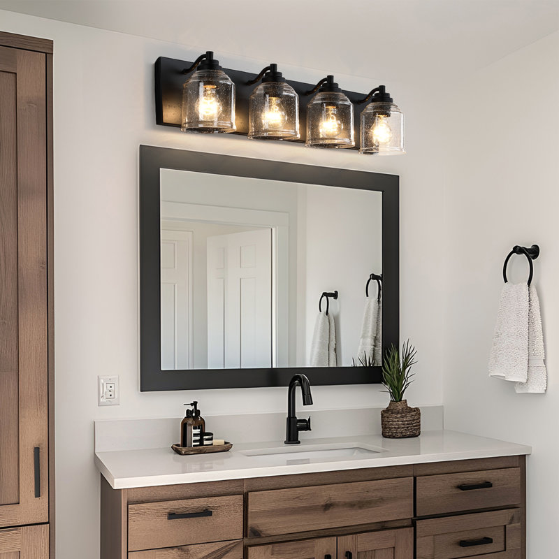Luminaire de salle de bain à intensité variable à 4 lumières de style campagne 31,5 po avec abat-jour en verre bullé, 4