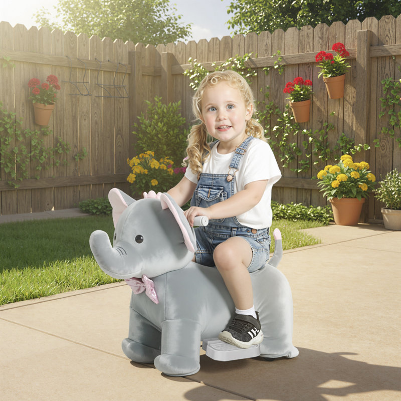 6V Ride on Horse, éléphanteau à piles pour enfants, poney électrique avec musique, doux au toucher, roues en polyuréthane, pédale, avant, pour les filles de 1,5 à 5 ans, gris