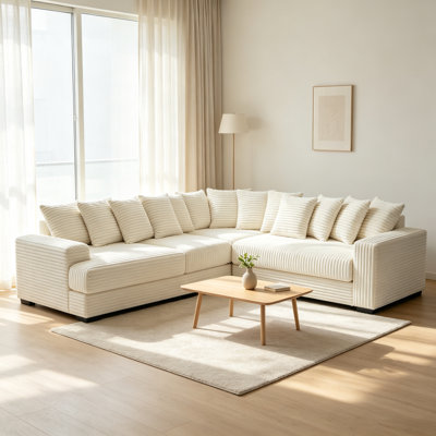 Nouvelle arrivée avec vidéo, canapé modulaire surdimensionné en forme de L deux pièces, canapé d'angle rembourré en velours côtelé avec accoudoirs carrés, méridienne gauche, huit coussins décoratifs assortis, assemblage simple requis, beige
