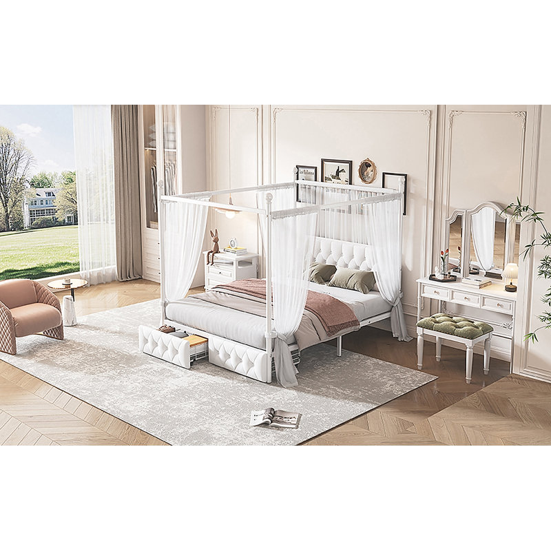 Queen Size Metal Canopy Platform Bed With Upholstered Headboard And Two Storage Drawers