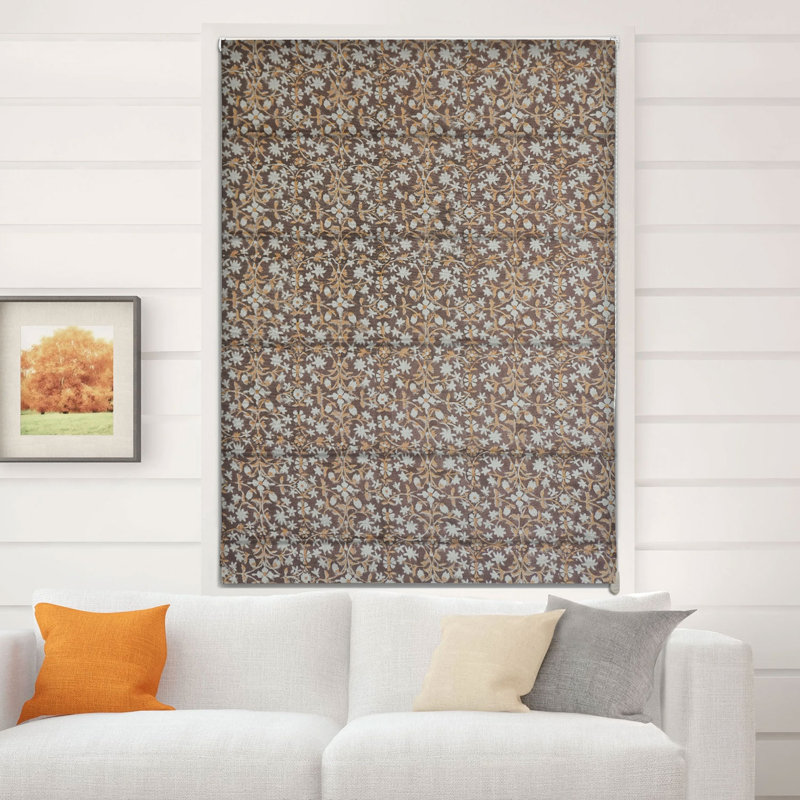 Fabdivine Brown 100% Blackout Linen Roman Shade with Hand Block Print Floral Blinds for Windows, Ideal for French Door, Living or Bedroom, Kitchen, Hall, Thick Linen Fabric, Mahalaxmi
