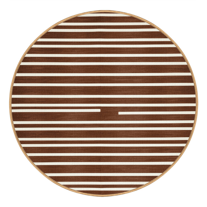 Tapis brun à rayures horizontales lavable à la machine, Rond 3 pi
