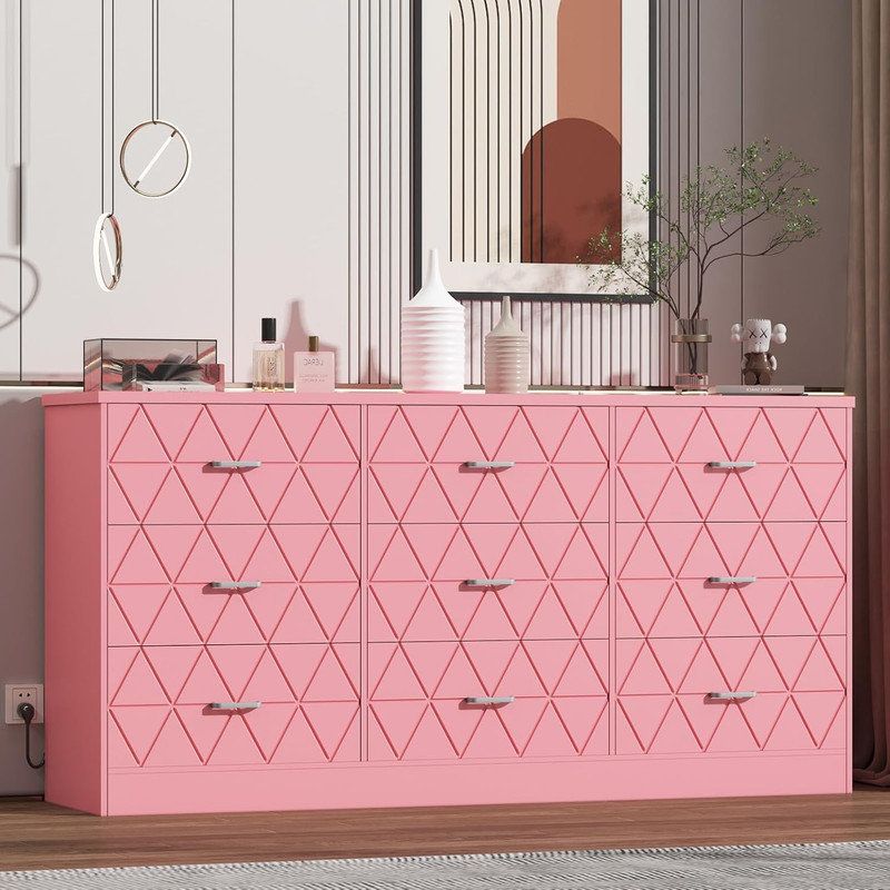 63" 9-Drawer Dresser with Power Outlet - Modern Charging Station & Storage for Bedroom & Living Room, Pink