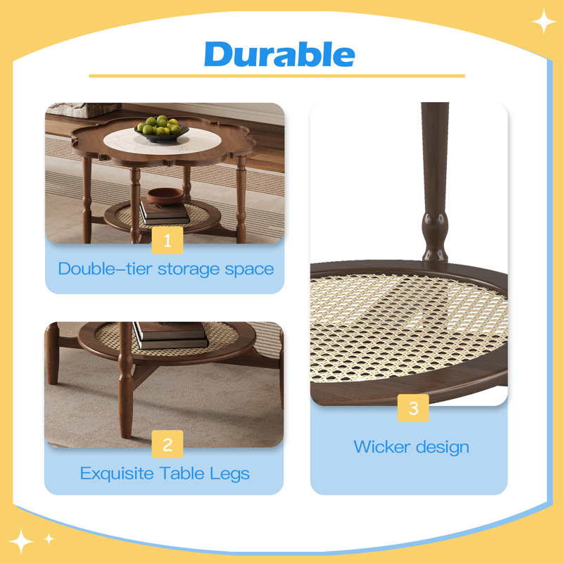 Table basse de style milieu du siècle avec plateau en verre à motif craquelé en forme de pétale, table basse à deux niveaux avec rotin, 80 cm