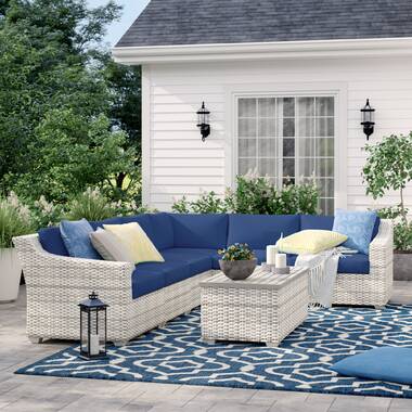 Morland 5 Piece Rattan Sectional Seating Group with Cushions Sand & Stable Cushion Color: Turquoise