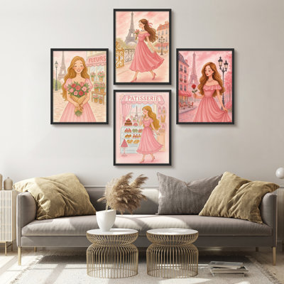 «Parisian Girl in Pink Dress», ensemble d'art mural encadré - 4 pièces romantiques de Paris avec la Tour Eiffel, des fleurs et une pâtisserie, une œuvre d'art féminine élégante pour la chambre ou le salon