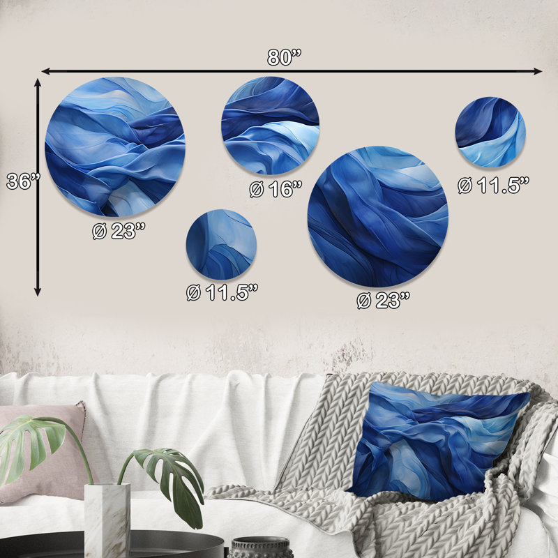 «Blue Emotional Tachisme Waves 3», ensemble d'art mural rond de 5 tachisme