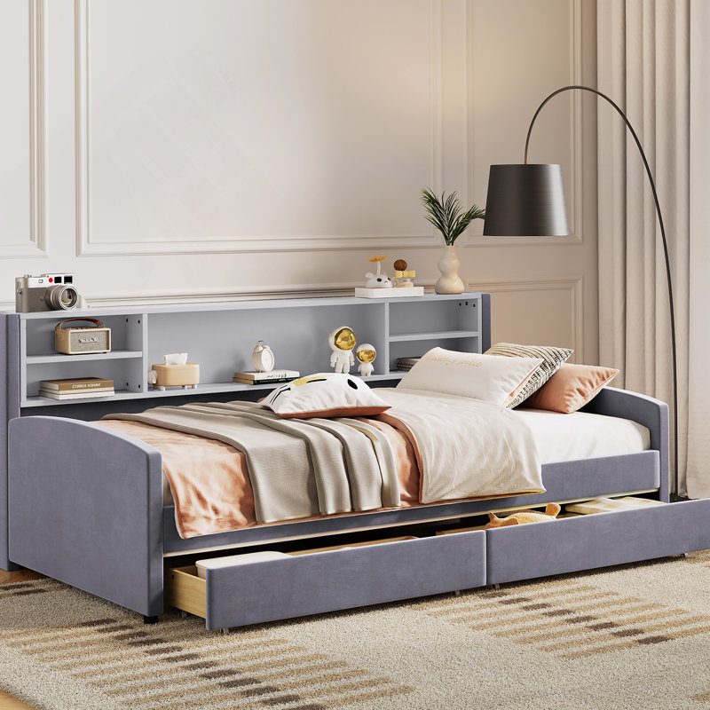 Lit plateforme tapissier avec tiroirs, Gris