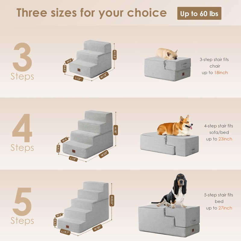 Light Gray 3-Step Foam Dog Stairs with Non-Slip Cover