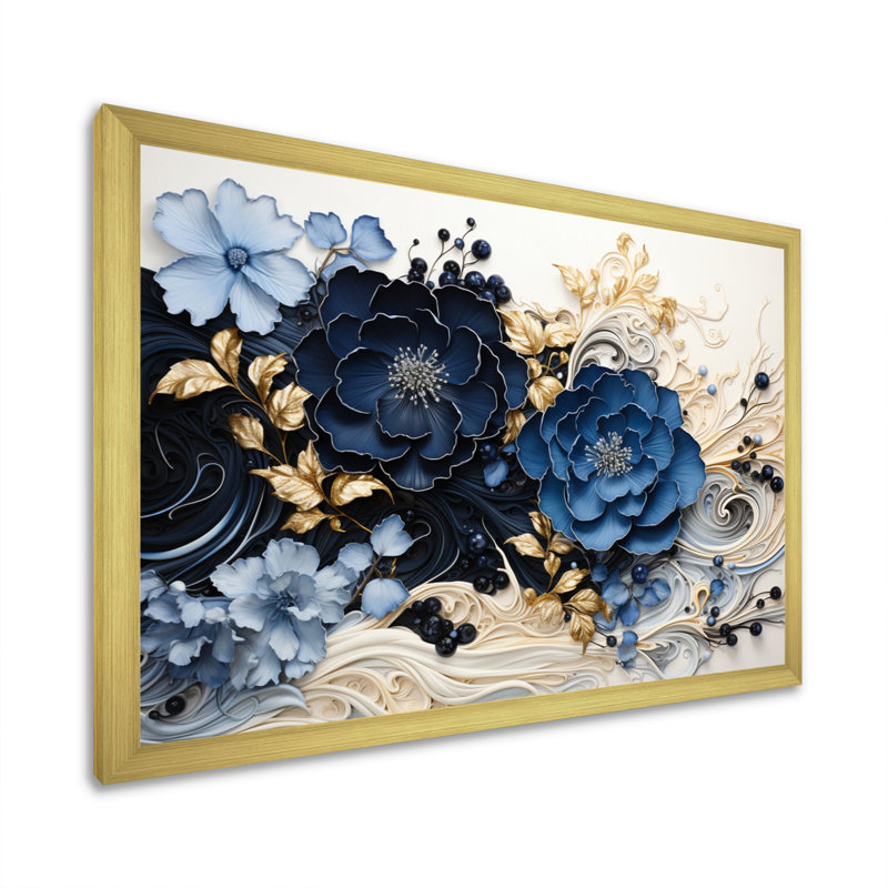 Encre bleue bleue WildFloers, encre liquide I - fleurs modernes, H 16 po x l 32 po, Cadre photo unique, Doré