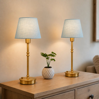 Small Cordless Lamp Rechargeable Table Lamps Set of 2, Dimmable Battery Operated Lights, Portable Accent Light for Side Table Restaurant Dining Outdoor, Blue Fabric Shade, Antique Brass