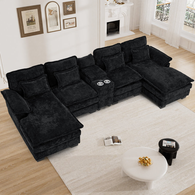 5 Piece Upholstered Sectional Sofa Couch With Chaise & Console, Black Chenille