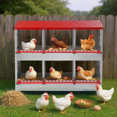 Chicken Nesting Boxes, 6 Compartments Metal Chicken Laying Box With Roll Out Egg Collection & Vented Holes For Chickens, Hens, Ducks, 2-Tier Large Egg Laying Boxes
