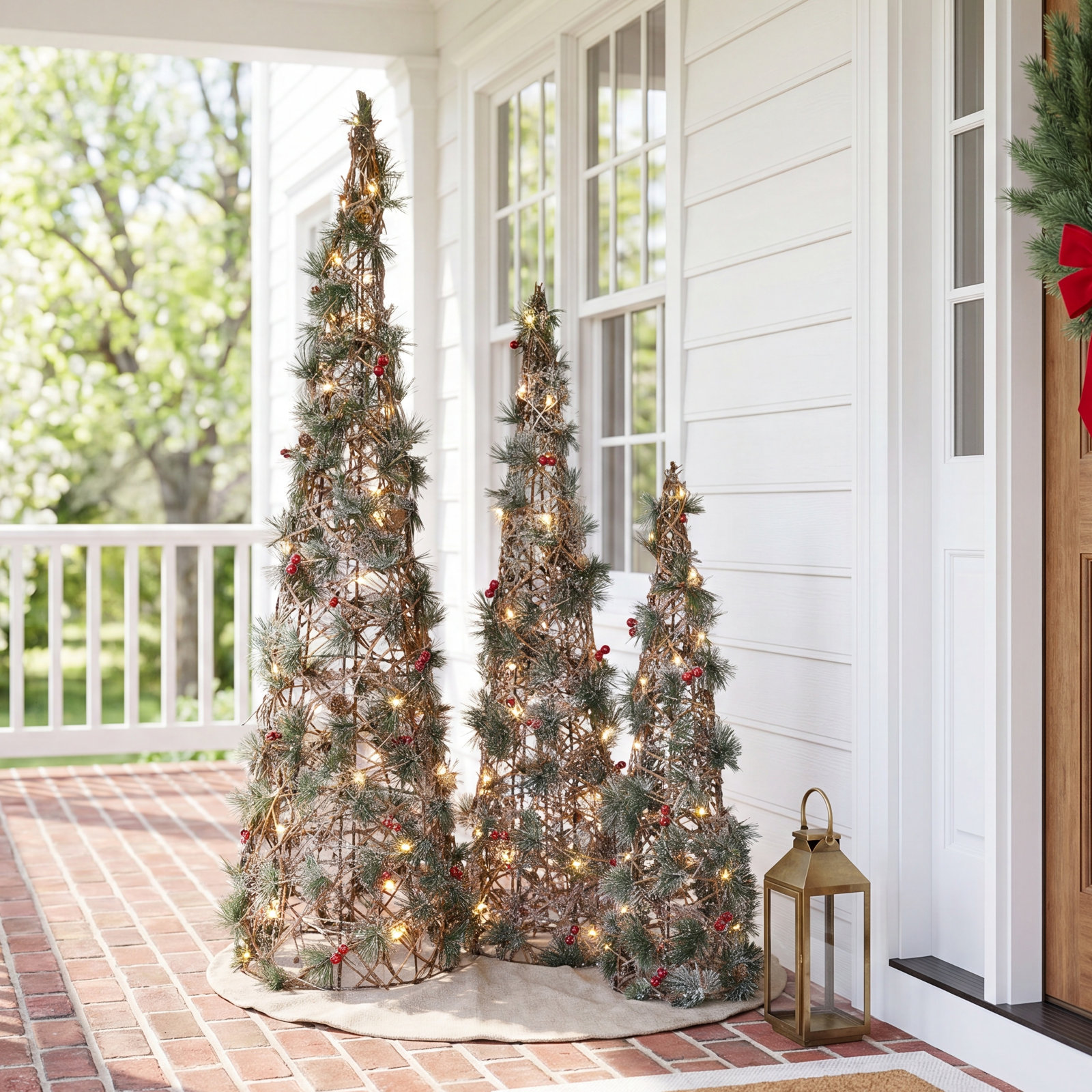 Cone Trees with Greenery Pre-Lit - Set of 3