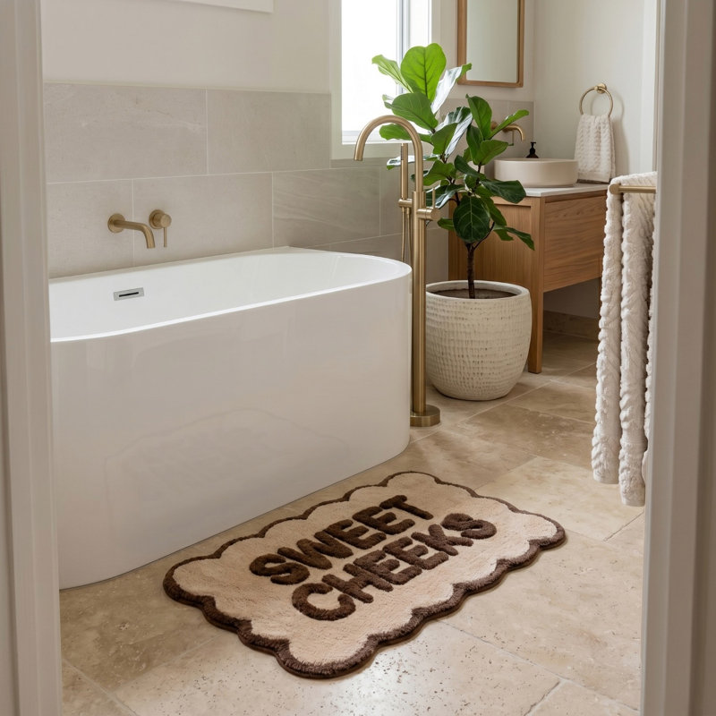Sweet Cheeks Slogan Scalloped Bath Mat, Chocolate