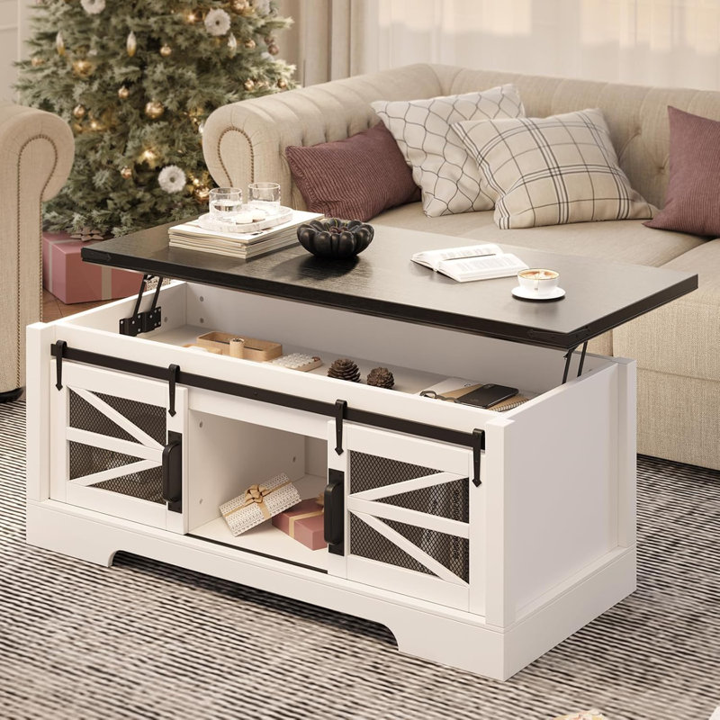 Table basse à plateau relevable de 47,2 po, table multifonctionnelle avec porte de grange coulissante, compartiment de rangement caché, plateau de table relevable, tablette réglable, table de centre rustique pour les espaces repas et de vie