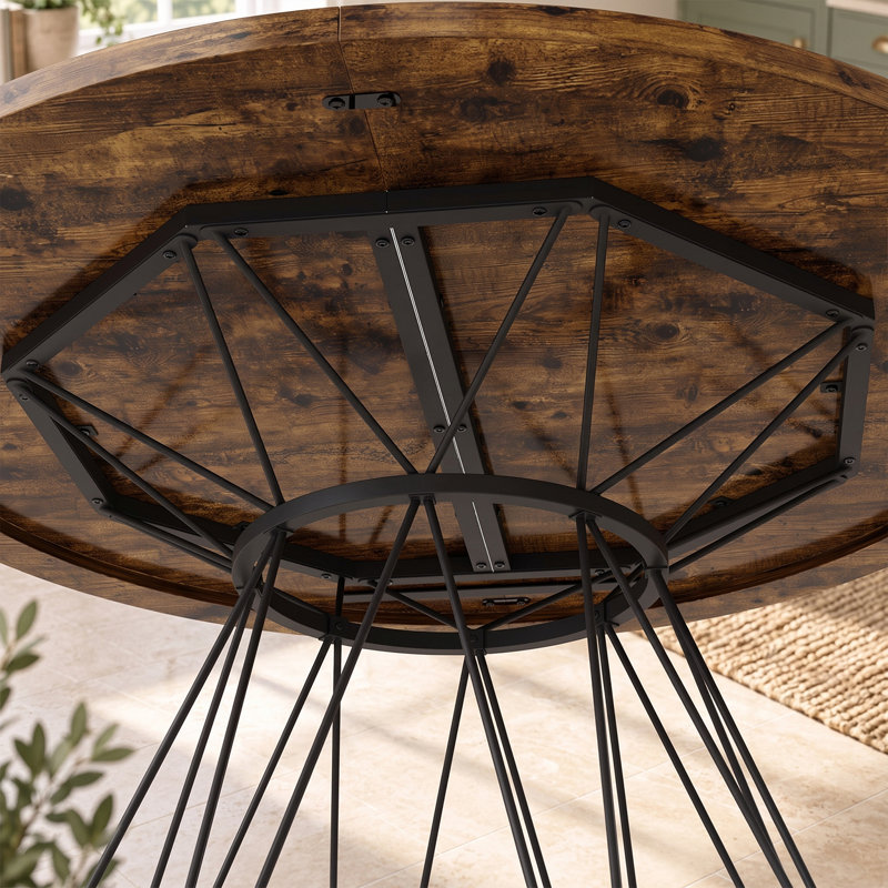 120cm Industrial Round Dining Table, Black Metal Base, Burnt Wood-Effect Top, 4-6 Seater