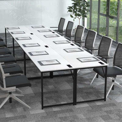 Set Of 6 Meeting Room Desk With Charging Station & Headphone Hook Metal Frame White