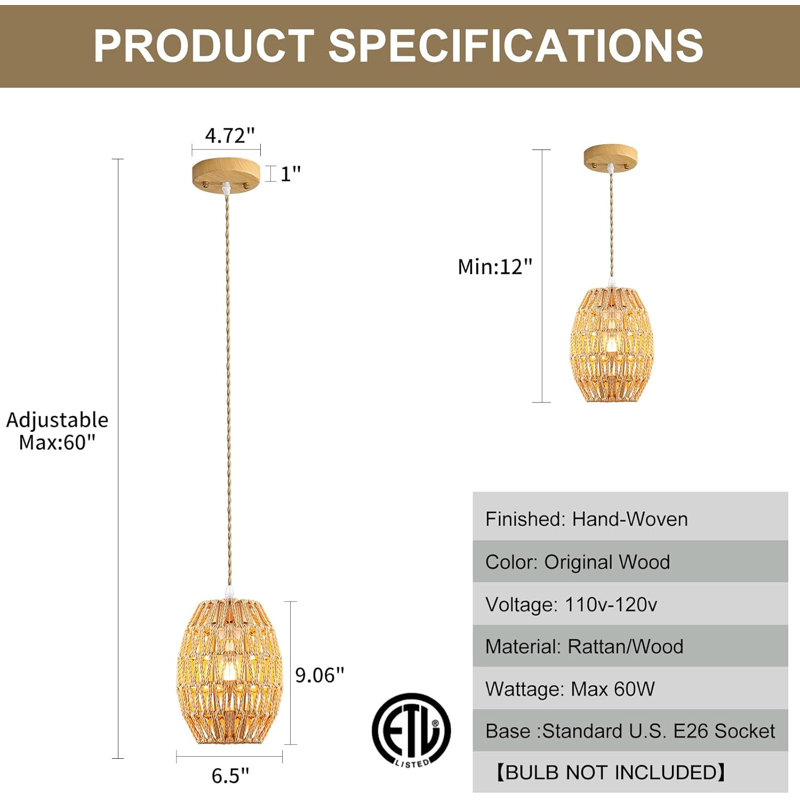 2-Pack Boho Rattan Pendant Light Fixture, Hand-Woven Wicker Chandelier With Hemp Rope For Dining Room Kitchen Island Bedroom Hallway, Hardwired E26 Socket Adjustable Hanging Height