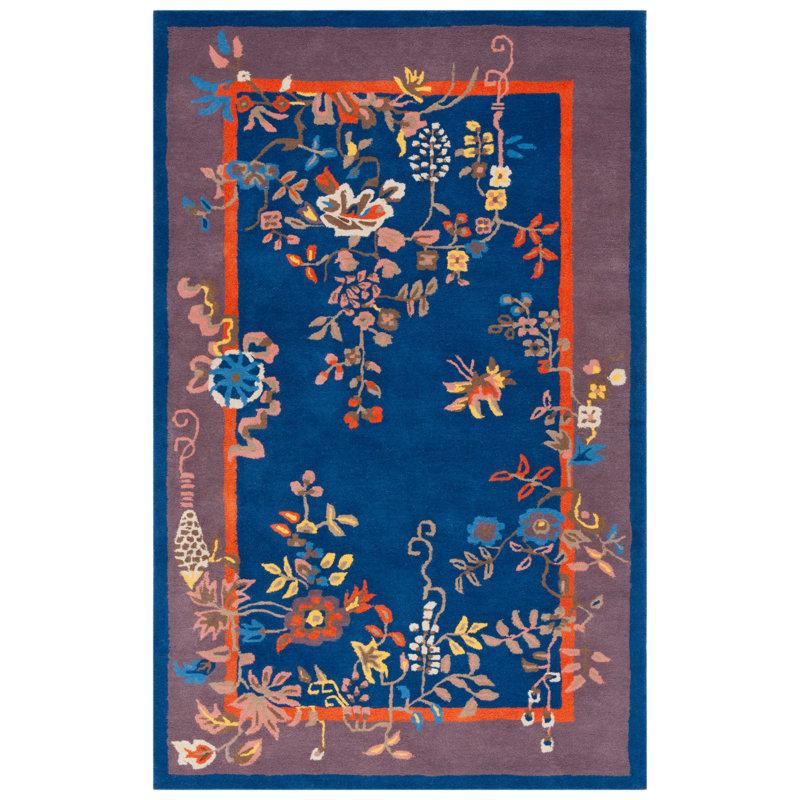 Tapis bleu marine / brun en laine / coton touffeté à la main Seydou, Rectangulaire 3 pi x 5 pi