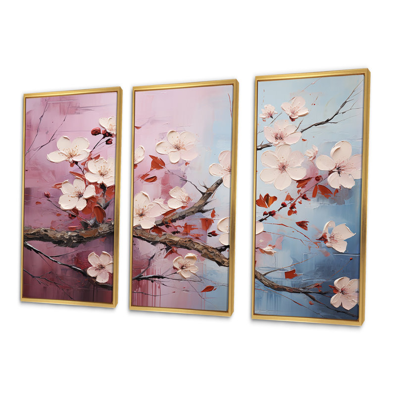 Ensemble de salon japonais art cerisier japonais I, Cadre flottant doré, H 40 po x l 60 po x P 1 po