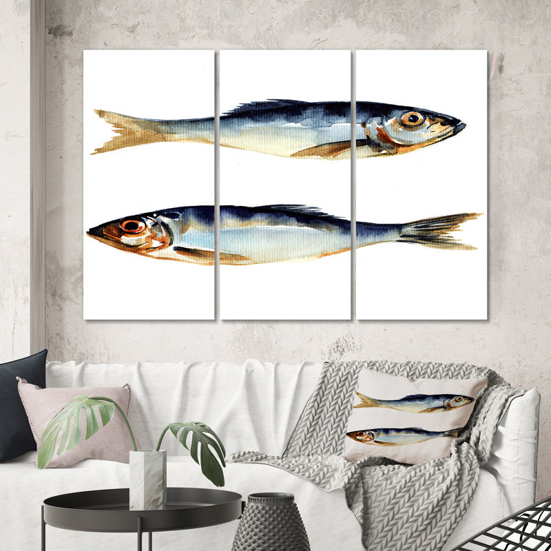 «Two Herring Fish On White», reproduction d'art sur toile nautique et côtière - PT40912, H 40 po x l 60 po x P 1 po