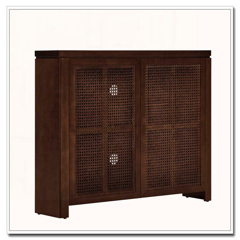 2-Door Rattan  Cabinet With Storage, Retro Coffee Bar Wine Bar Credenza For Living Room/Entryway/Kitchen, Walnut