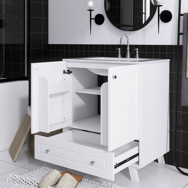 White MDF Single Sink Freestanding Bath Vanity with Ceramic Top
