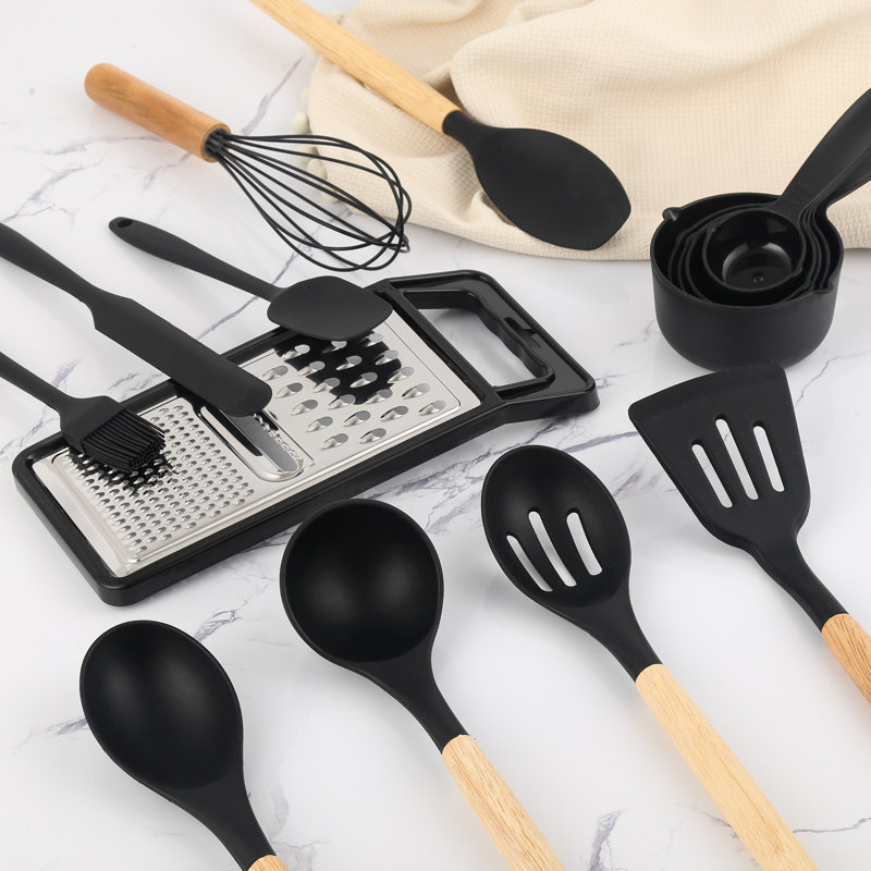 Ensemble d'ustensiles de cuisine 44 pièces en silicone avec support, spatule antiadhésive résistante à la chaleur et outils pour gadgets avec poignées en bois, noir