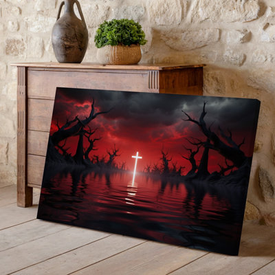 Canvas A Haunting Surreal Landscape Featuring A Dark Reflective Body Of Wall Art Water Under A Dramatic Sky Filled With Ominous Red Canvas Wall Art