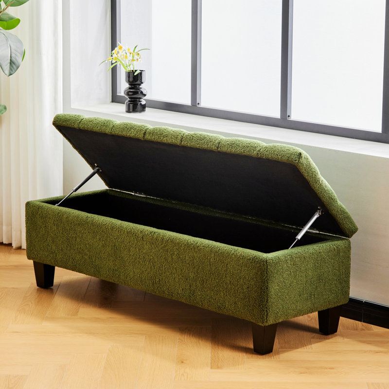 Upholstered Bench With Storage With Rubber Wood Legs, Green