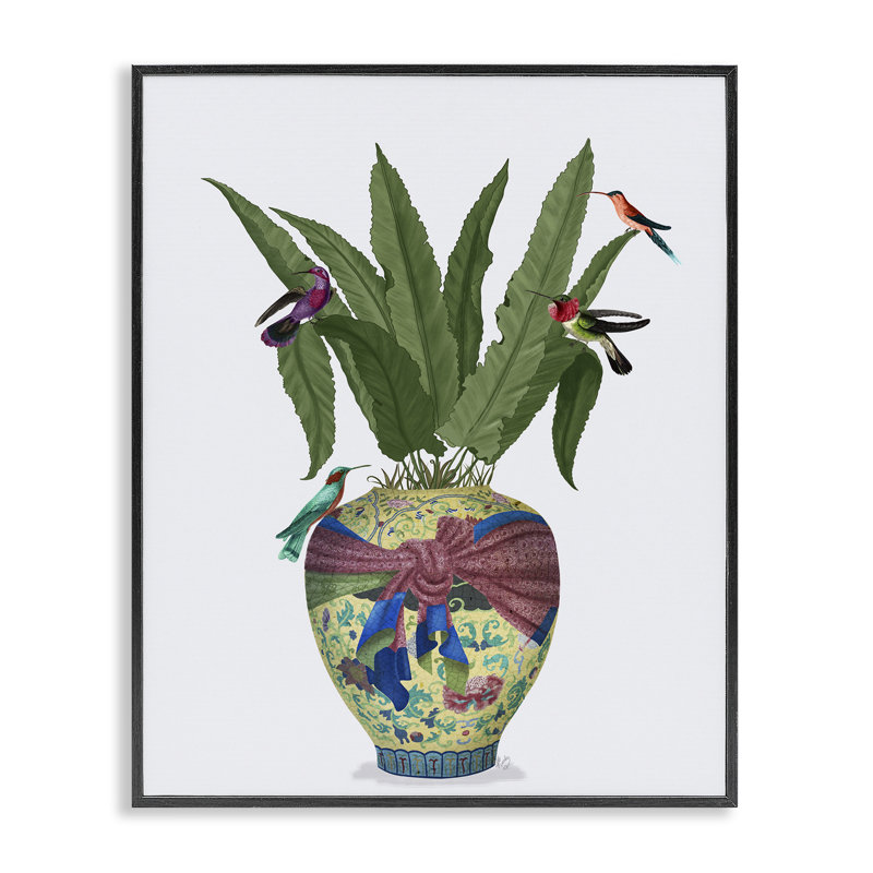 Oiseaux traditionnels sur pot à fleurs, estampe numérique par Fab Funky, Giclée encadrée noir minuit, H 14 po x l 11 po