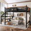 Grand lit mezzanine avec escalier de rangement, structure de lit mezzanine en métal avec tablettes de rangement et bibliothèque, lit mezzanine pour chambre à coucher, chambre d'amis, dortoir, noir-1709644963