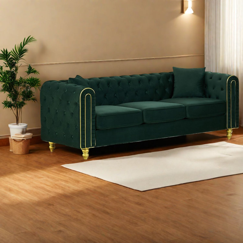Canapé moderne Chesterfield en velours vert de 86 pouces, pieds dorés pour la maison