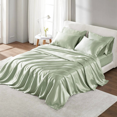 Twin 4 Pcs Luxury Sage Satin Sheet - , Helps Tame Frizz, Reduces Breakage, Wrinkle , Fitted For 16" Mattresses Reduce Fits Mattresses, With Flat