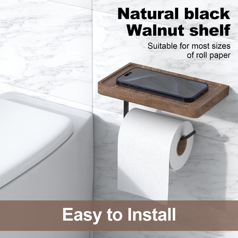 Porte-papier hygiénique avec tablette en bois de noyer noir, tablette murale et adhésive en bois pour suspendre un rouleau de papier hygiénique