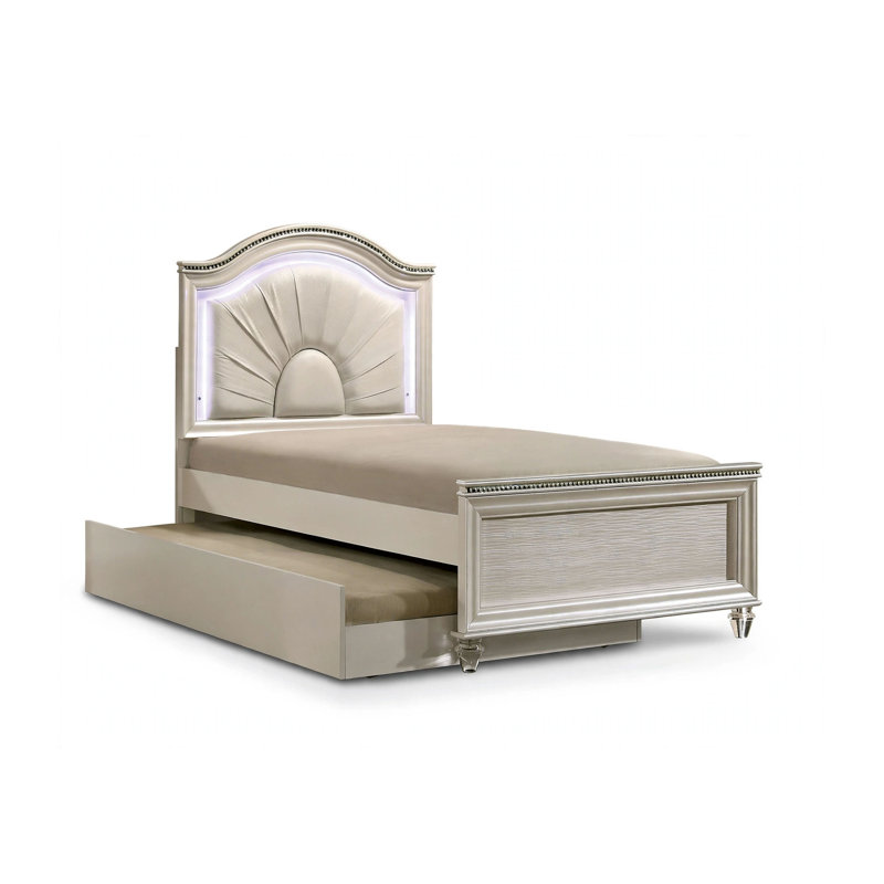 Ensemble de chambre à coucher double 4 pièces avec lit gigogne Jisoo, tête de lit à DEL, blanc perle, Lit double