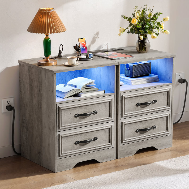 Modern 2-Drawer Nightstand with Charging Station and LED Light  (Set of 2), 2