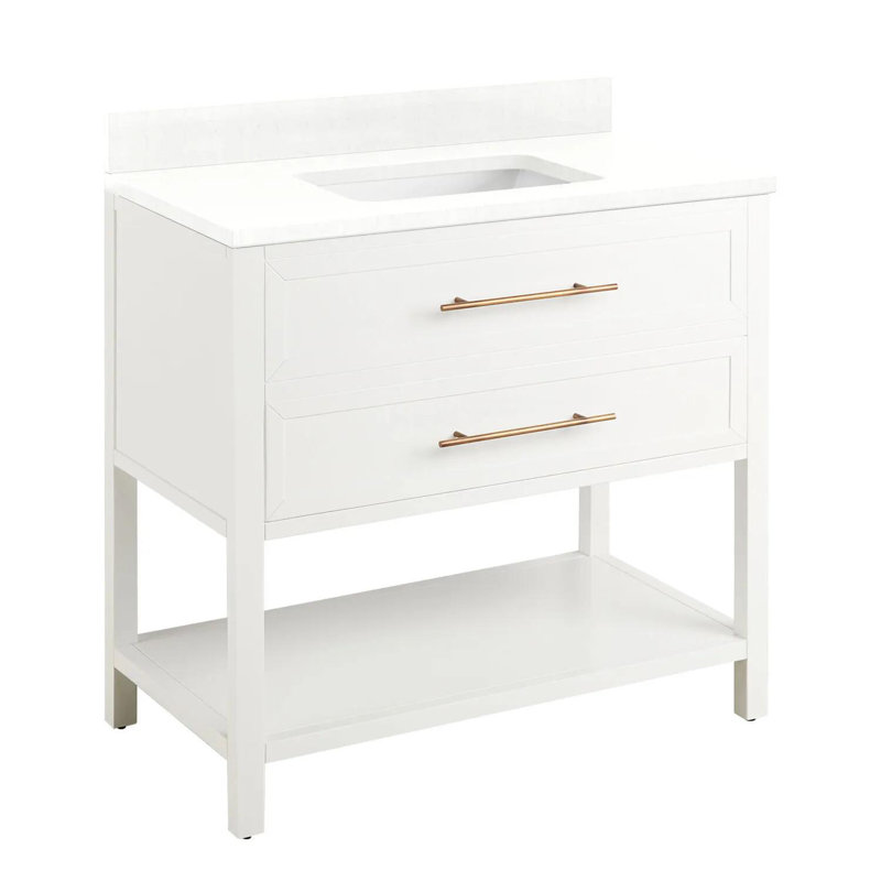 36" Robertson Single Bathroom Vanity Set with Rectangle Undermount Sink, Arctic White Quartz, No Drillings, White