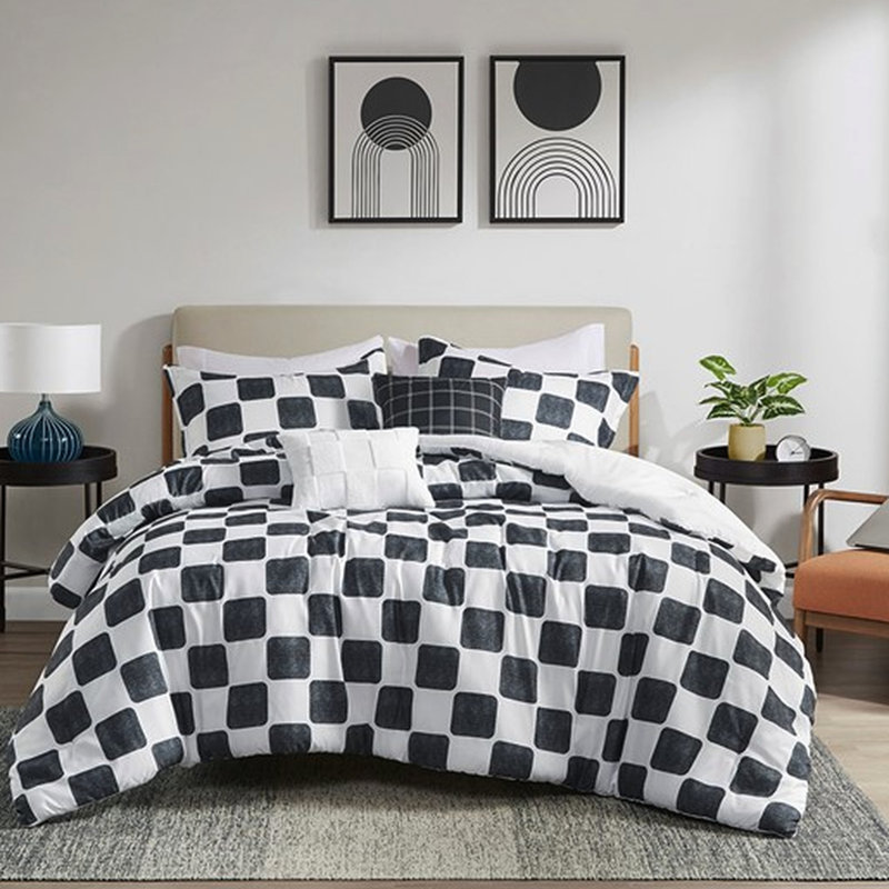 Édredon simple / simple TG en microfibre, rembourrage, -, lavable à la machine, 1 édredon, taie décorative, 2 coussins décoratifs, microfibre, motif noir et blanc, coussins