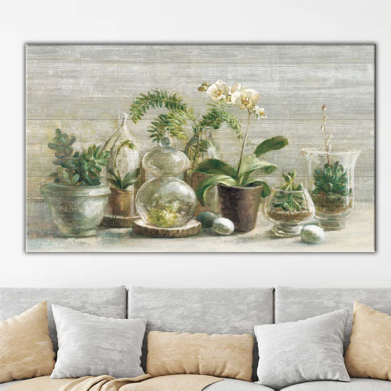 «Greenhouse Orchids on Wood v2», reproduction de peinture acrylique sur toile, H 36 po x l 60 po x P 1,5 po, Toile tendue