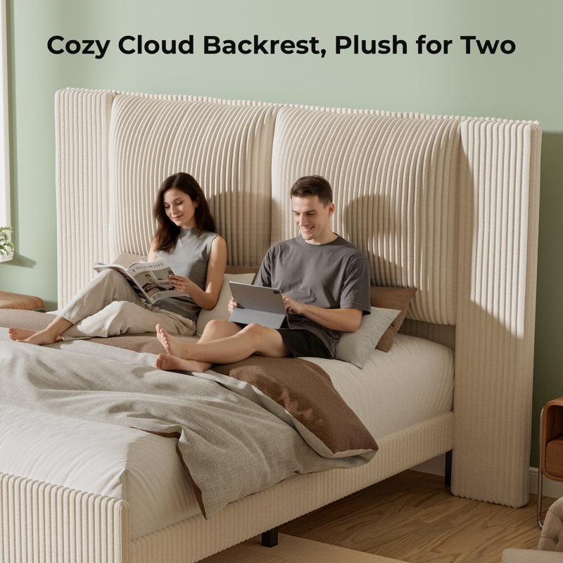 Upholstered Platform Bed Frame with Tall Wingback Headboard, Corduroy Modern Design,No Box Spring Needed, Easy Assembly