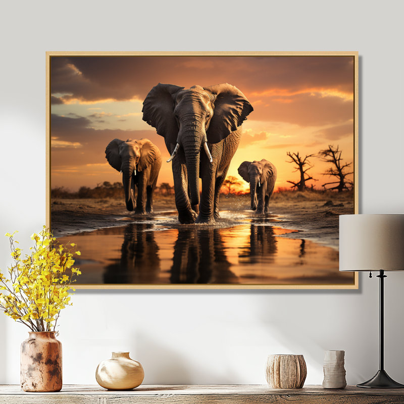 «Elephant Shadows Of Serenity II», art mural sur toile, H 16 po x l 32 po x P 1 po, Cadre flottant érable