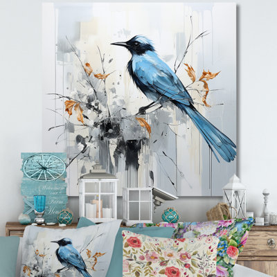 Oiseau bleu fleurs minimalisme sur toile